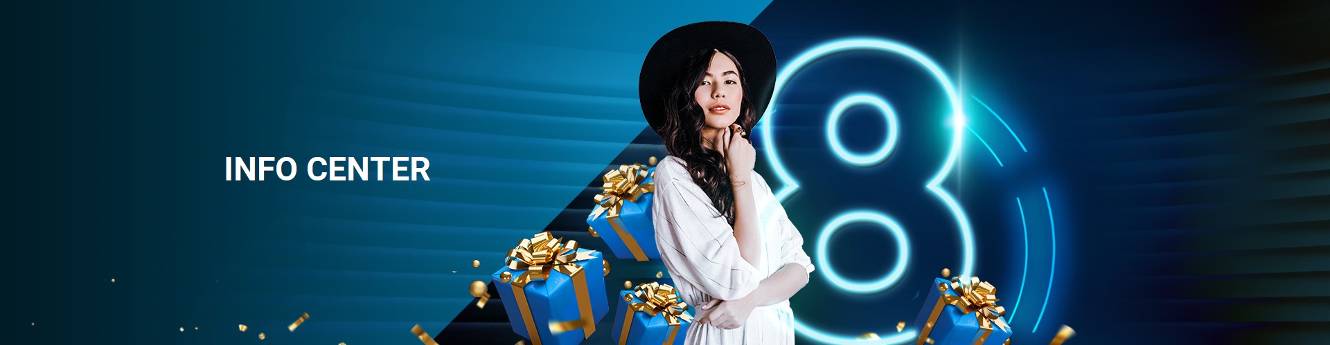 Girl with a background of gift boxes and 8 icon
