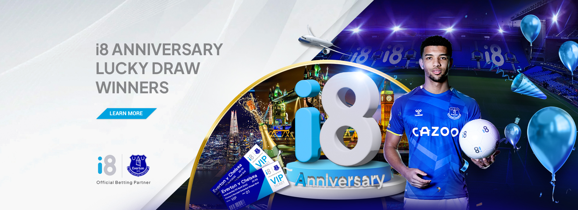 i8 anniversary lucky draw poster with everton football player with football